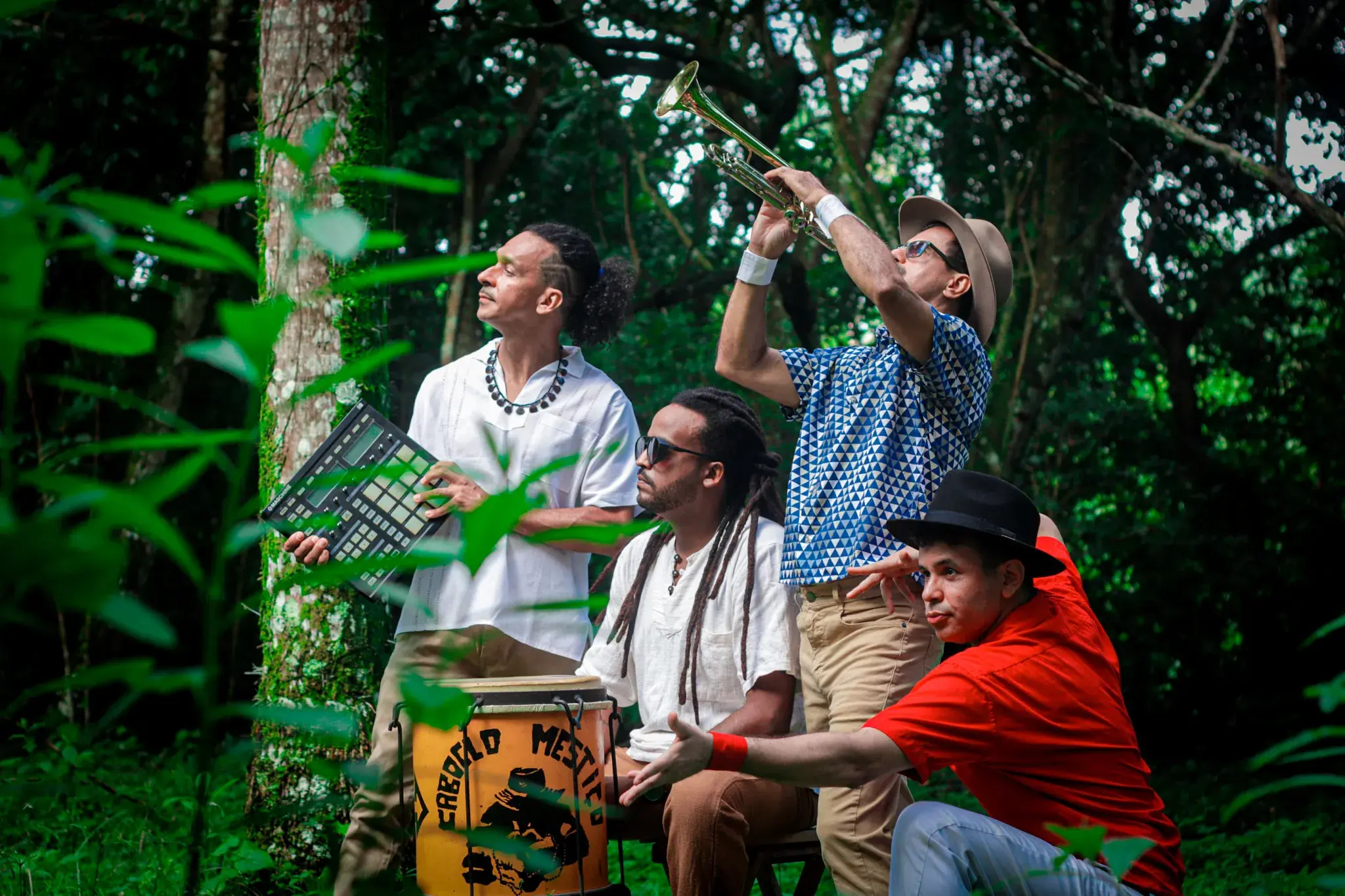 Hamilton Tenório, Arnaldo do Monte, Roberto Patrício e Alê Maia no meio da floresta.